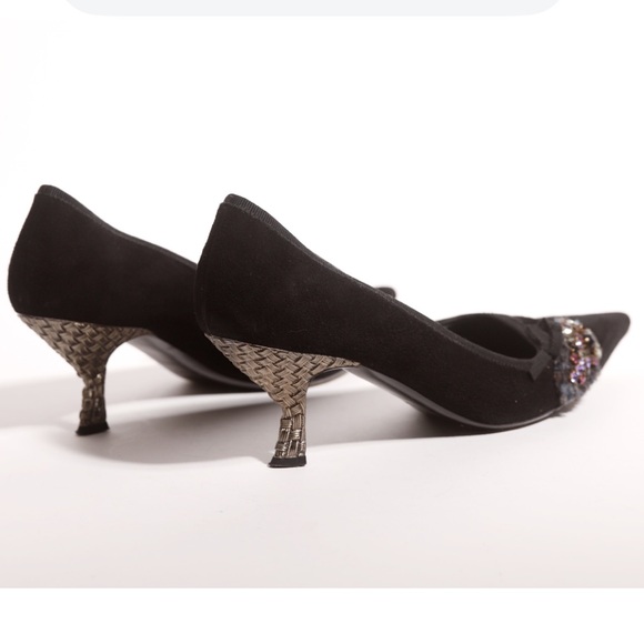 PRADA Rhinestone Suede Metal Kitten Heel Pointy Shoe Leather Jeweled Crystal Bow - Picture 13 of 14